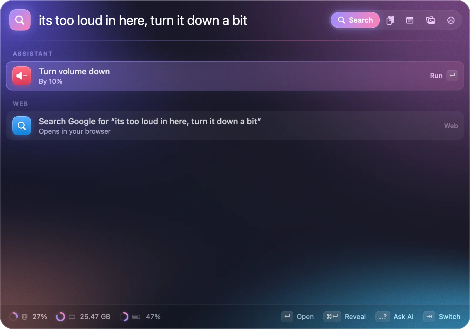 HocusFocus with “its too loud in here, turn it down a bit” typed in the search field