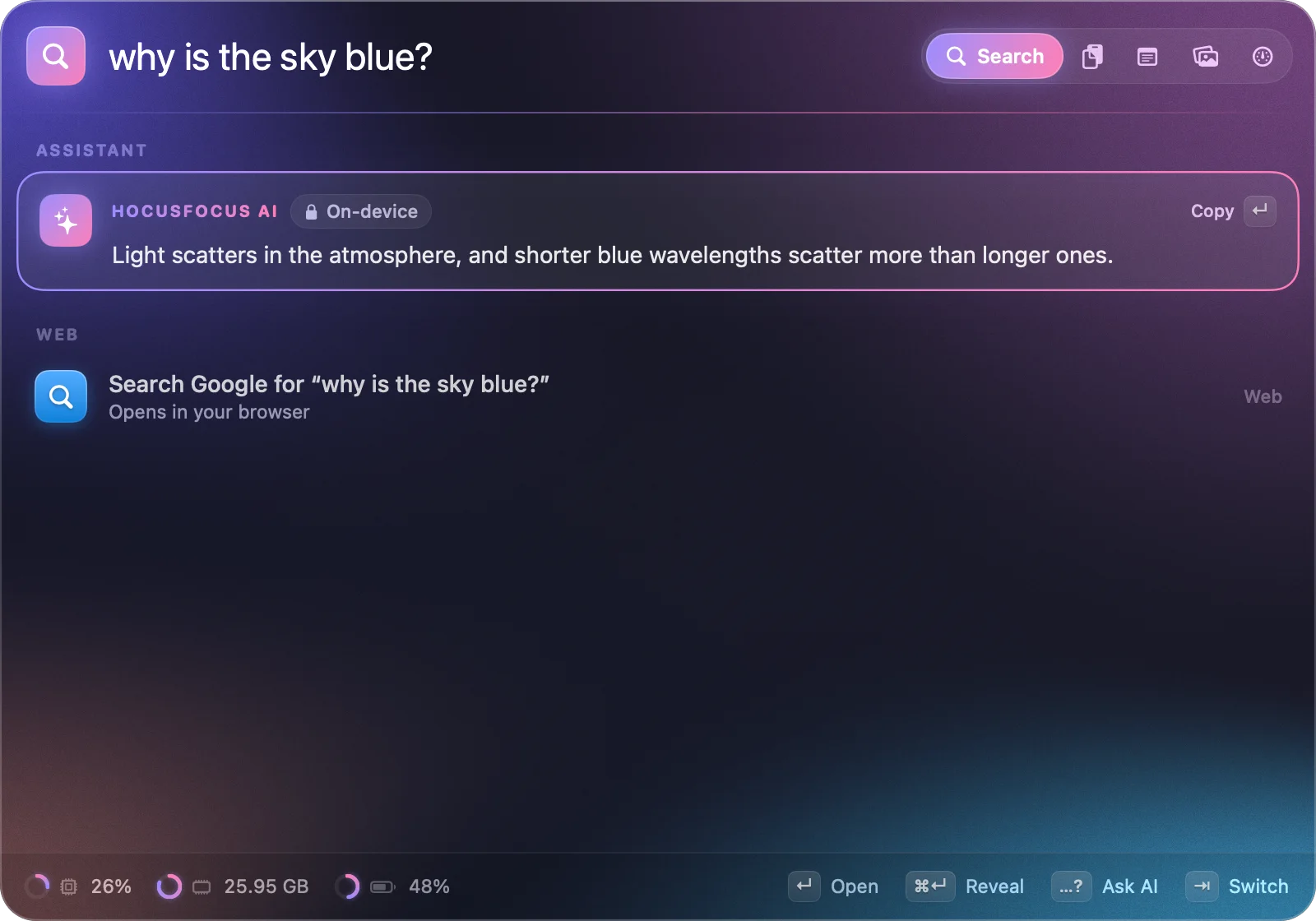 HocusFocus with “why is the sky blue?” typed in the search field