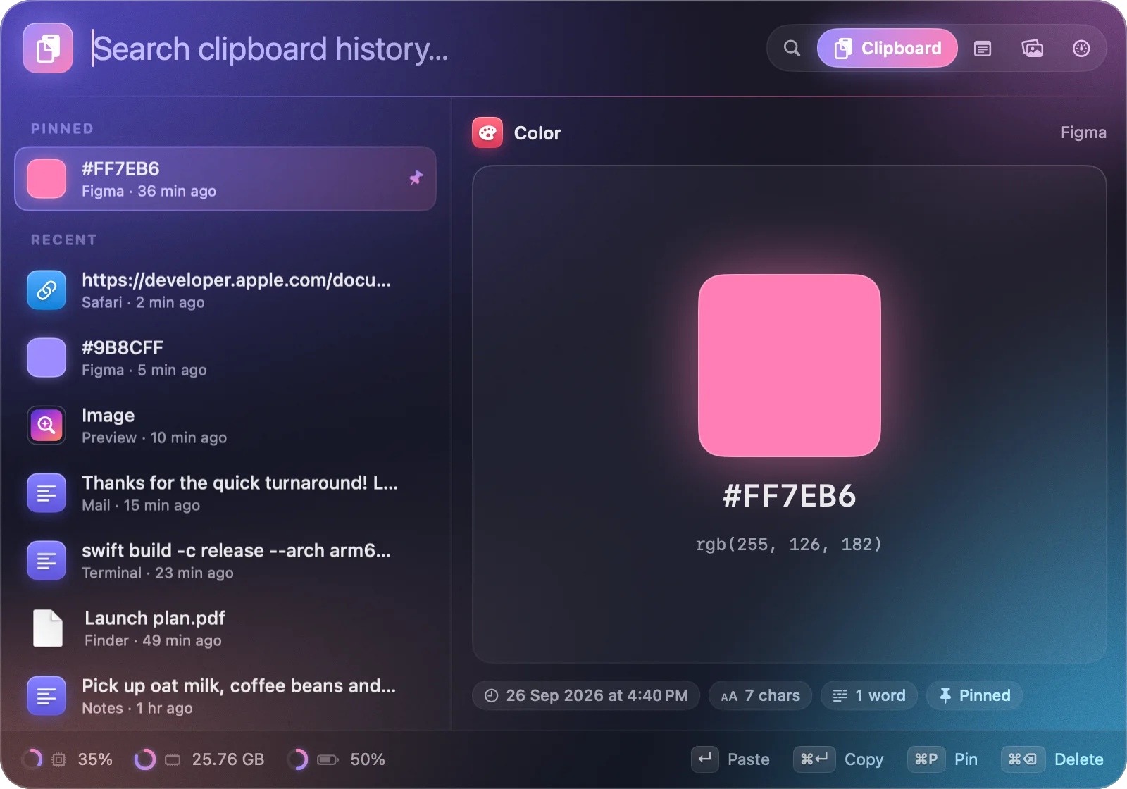 Clipboard history: a pinned colour, a link, a colour, an image, text and a file, with a large swatch preview of #FF7EB6