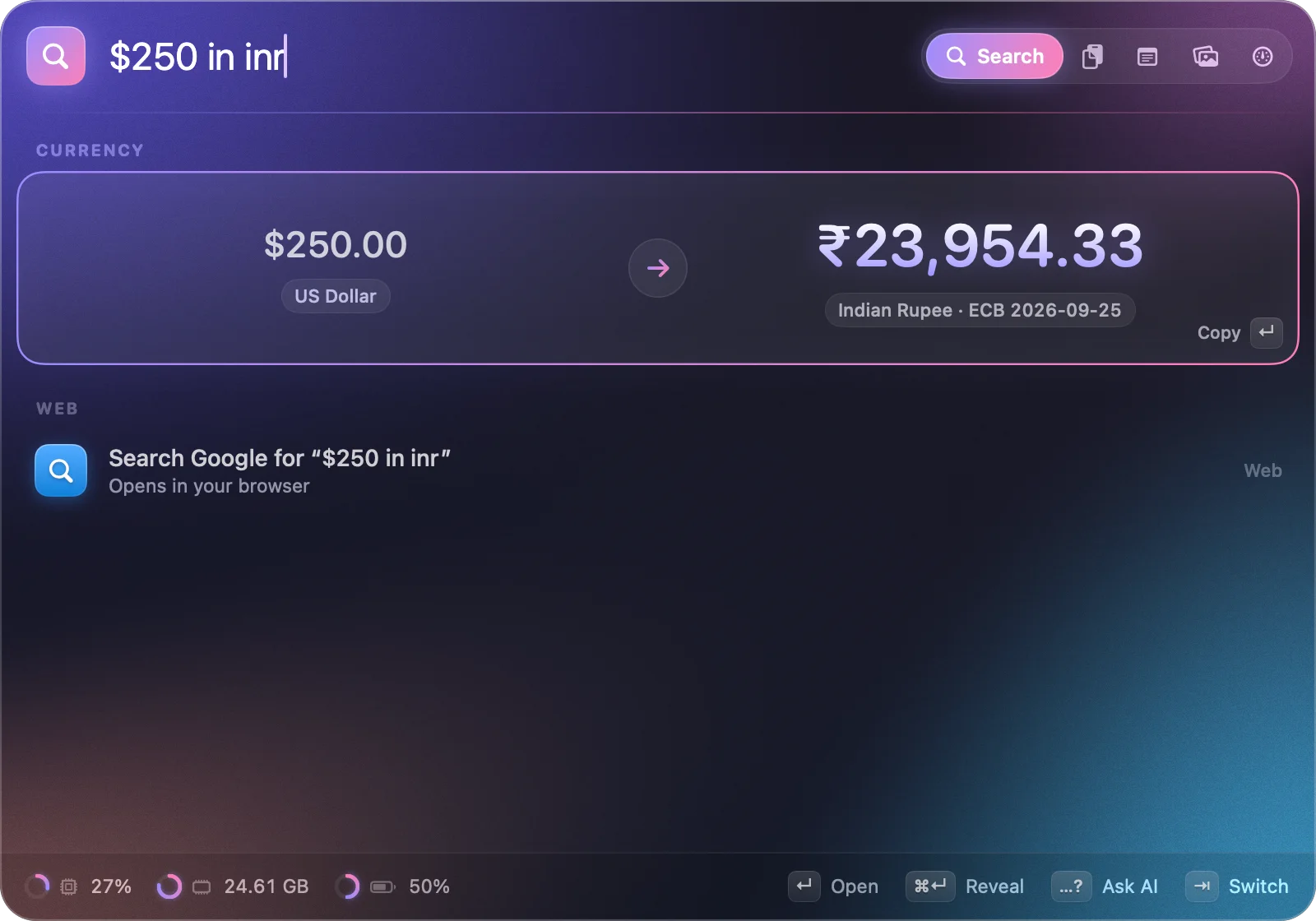 HocusFocus with “$250 in inr” typed in the search field