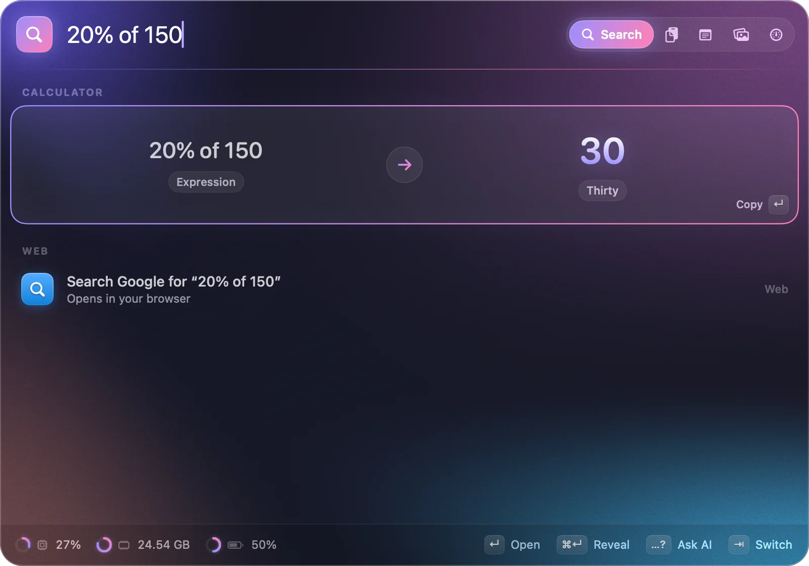 HocusFocus with “20% of 150” typed in the search field