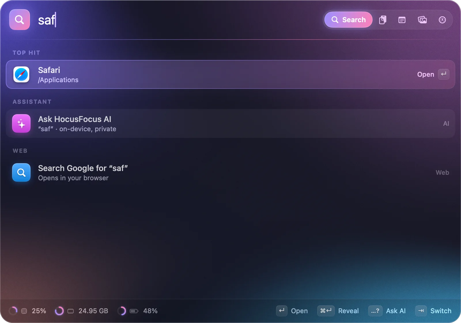 HocusFocus with “saf” typed in the search field