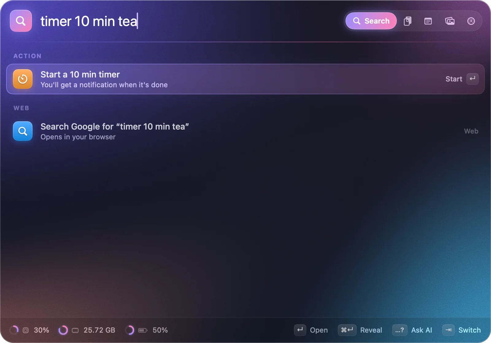 HocusFocus with “timer 10 min tea” typed in the search field